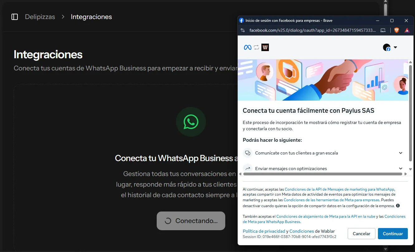 Pantalla de integraciones de Wablar con la cuenta de WhatsApp Business conectada.